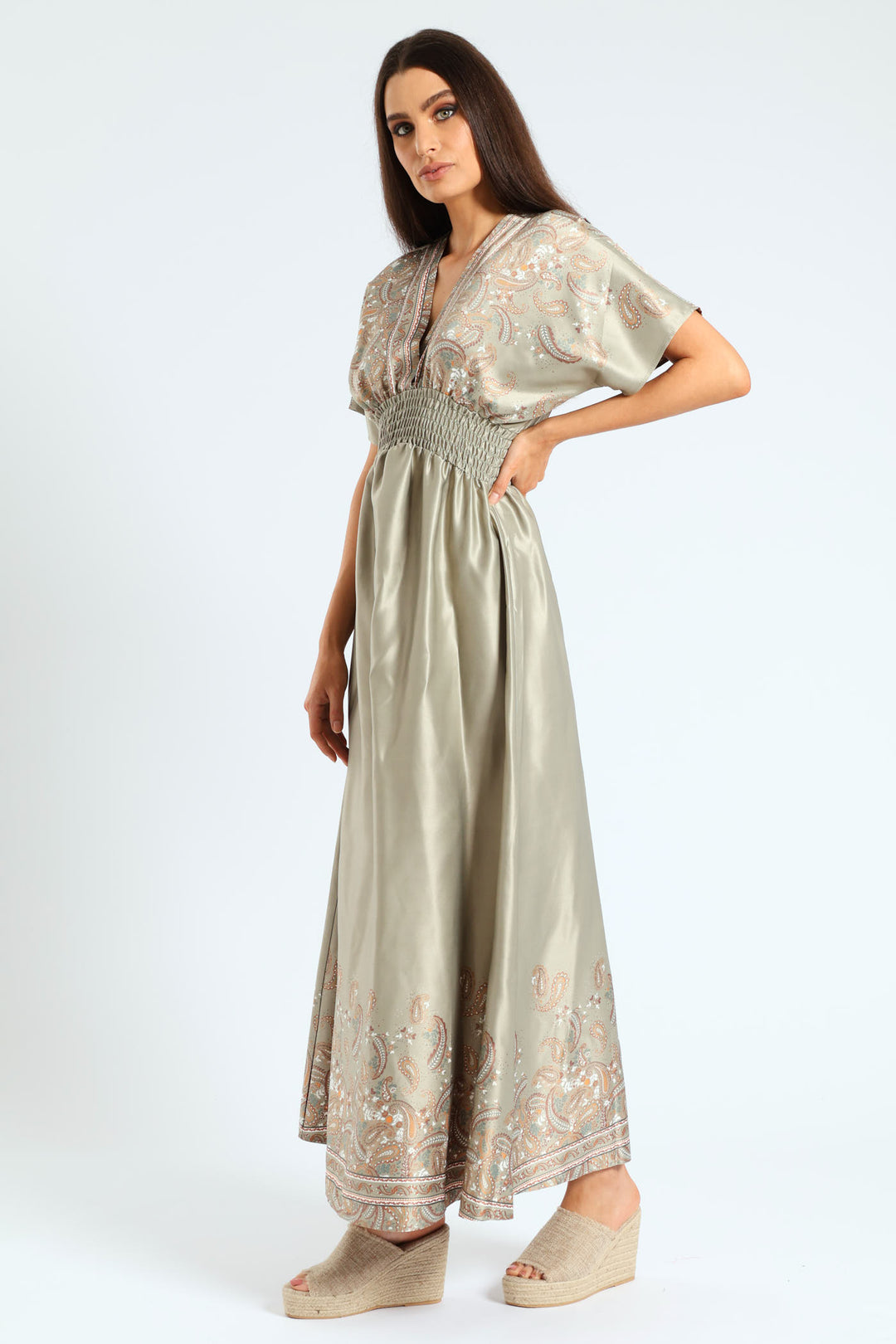 Satin Shirred Waist V-Neck Kaftan Maxi Dress