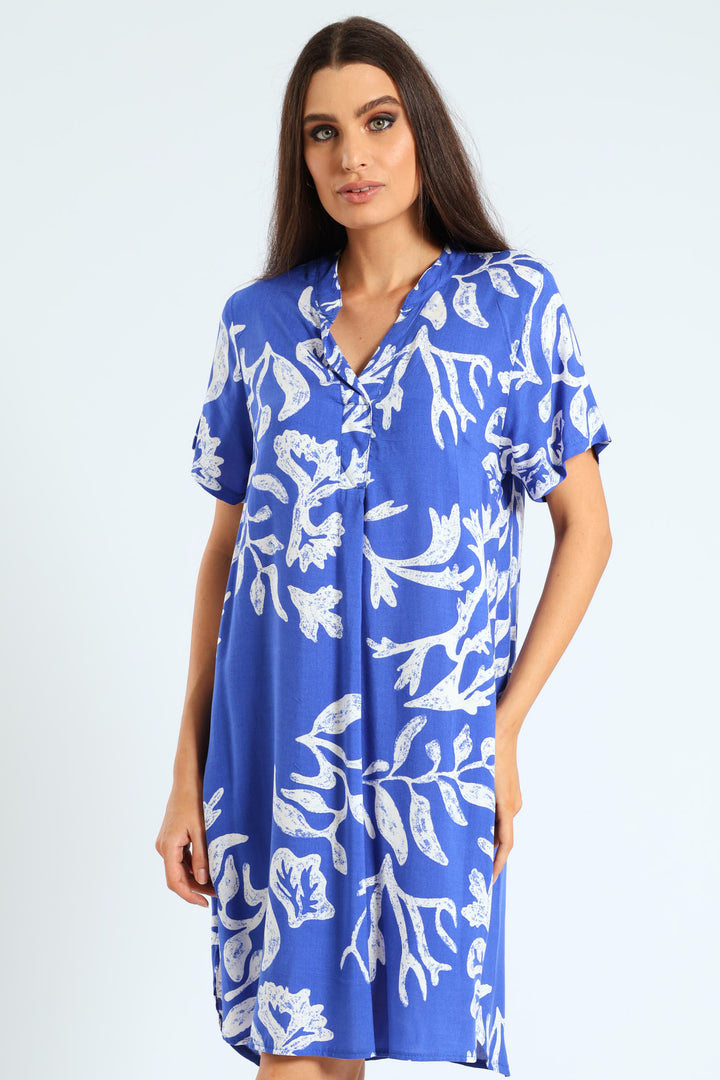 Mandarin Shift Print Dress - Blue