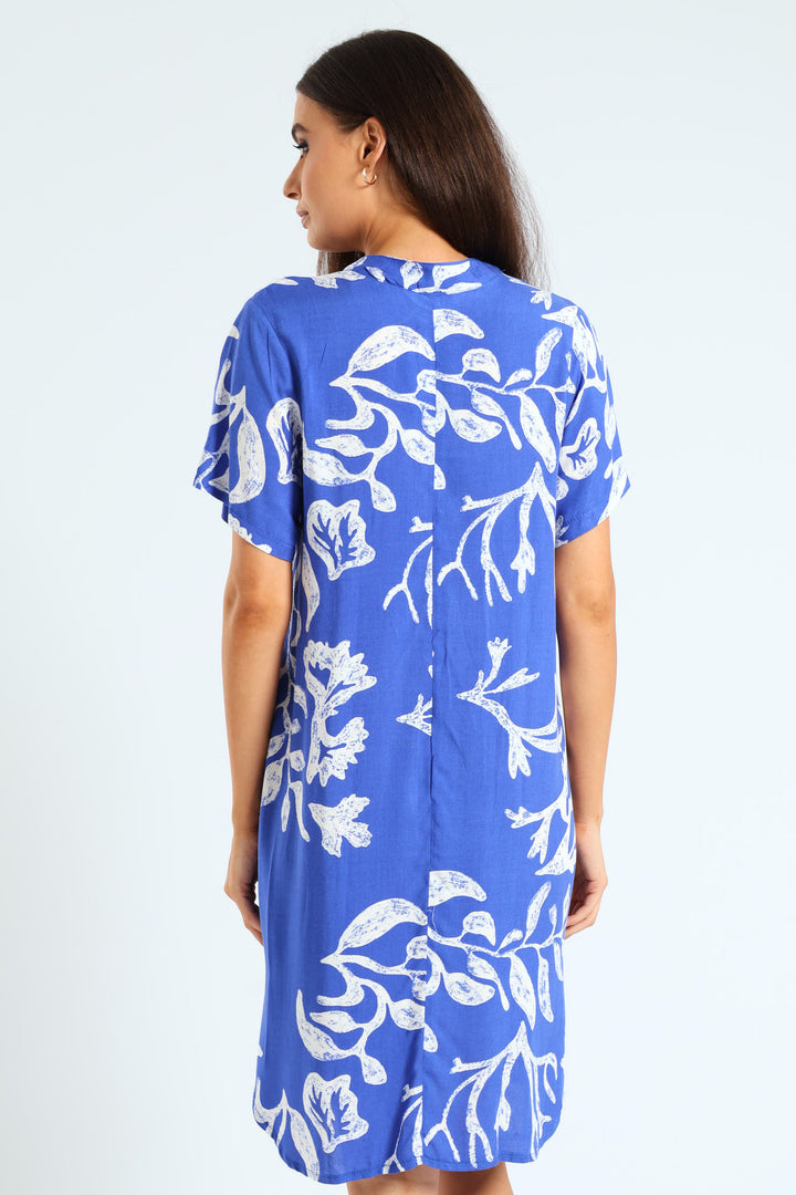 Mandarin Shift Print Dress - Blue