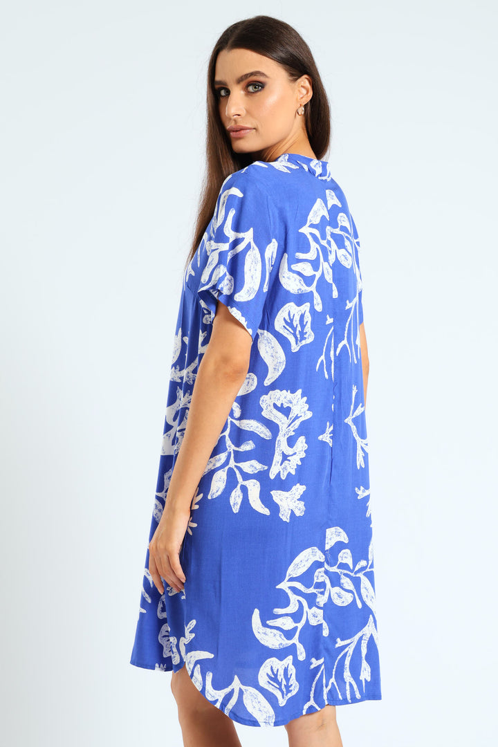 Mandarin Shift Print Dress - Blue