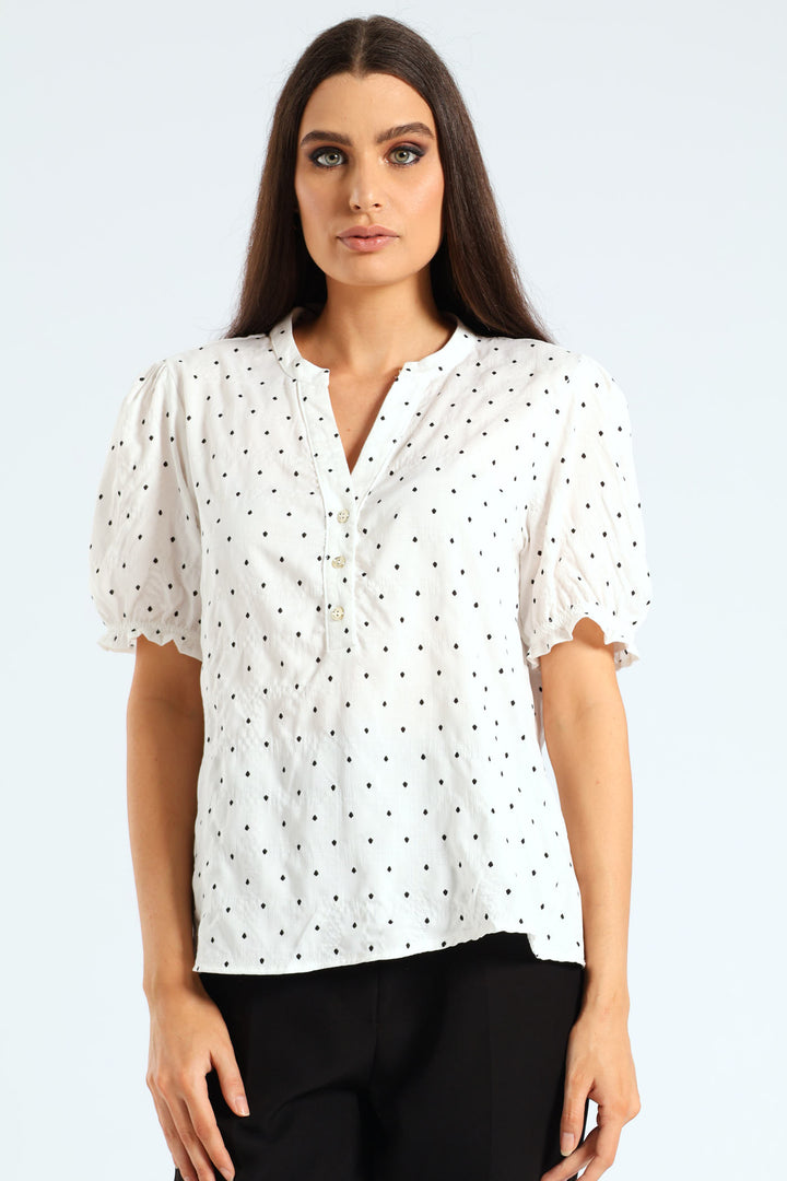 V-Neck Puff Sleeve Blouse - Cream