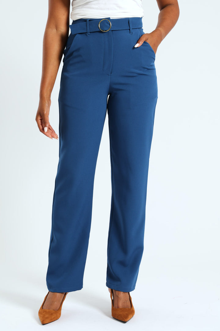 Belted Buckle Straight Leg Pant - Dark Blue