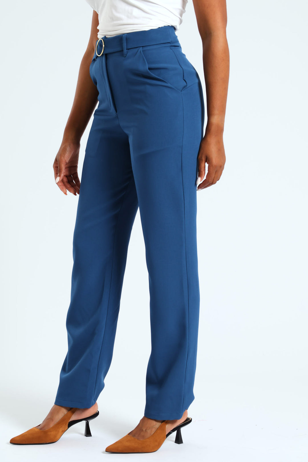 Belted Buckle Straight Leg Pant - Dark Blue