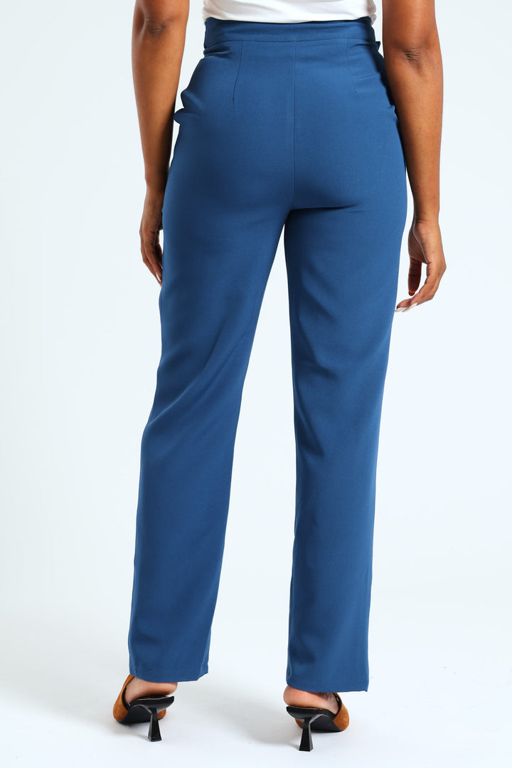 Belted Buckle Straight Leg Pant - Dark Blue