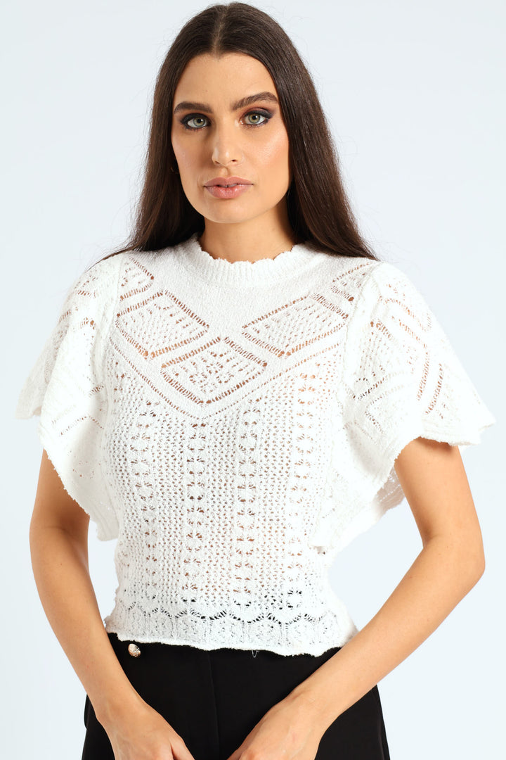 Frilly Batwing Sleeve Crochet Pullover - Bright White