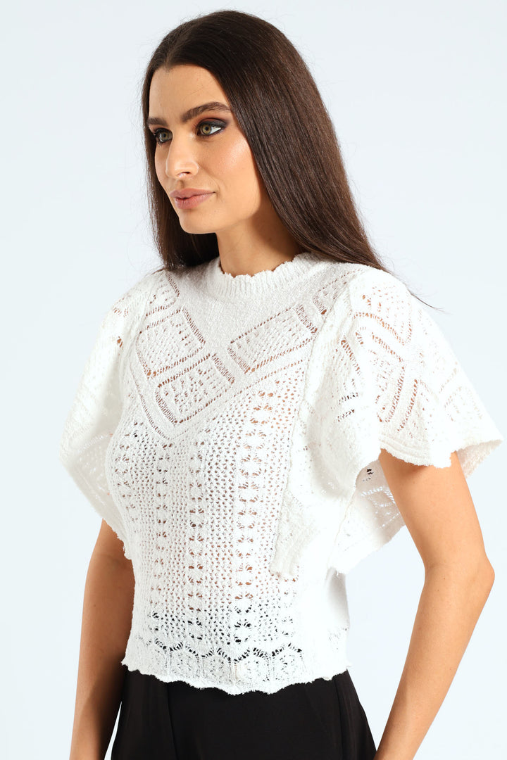 Frilly Batwing Sleeve Crochet Pullover - Bright White