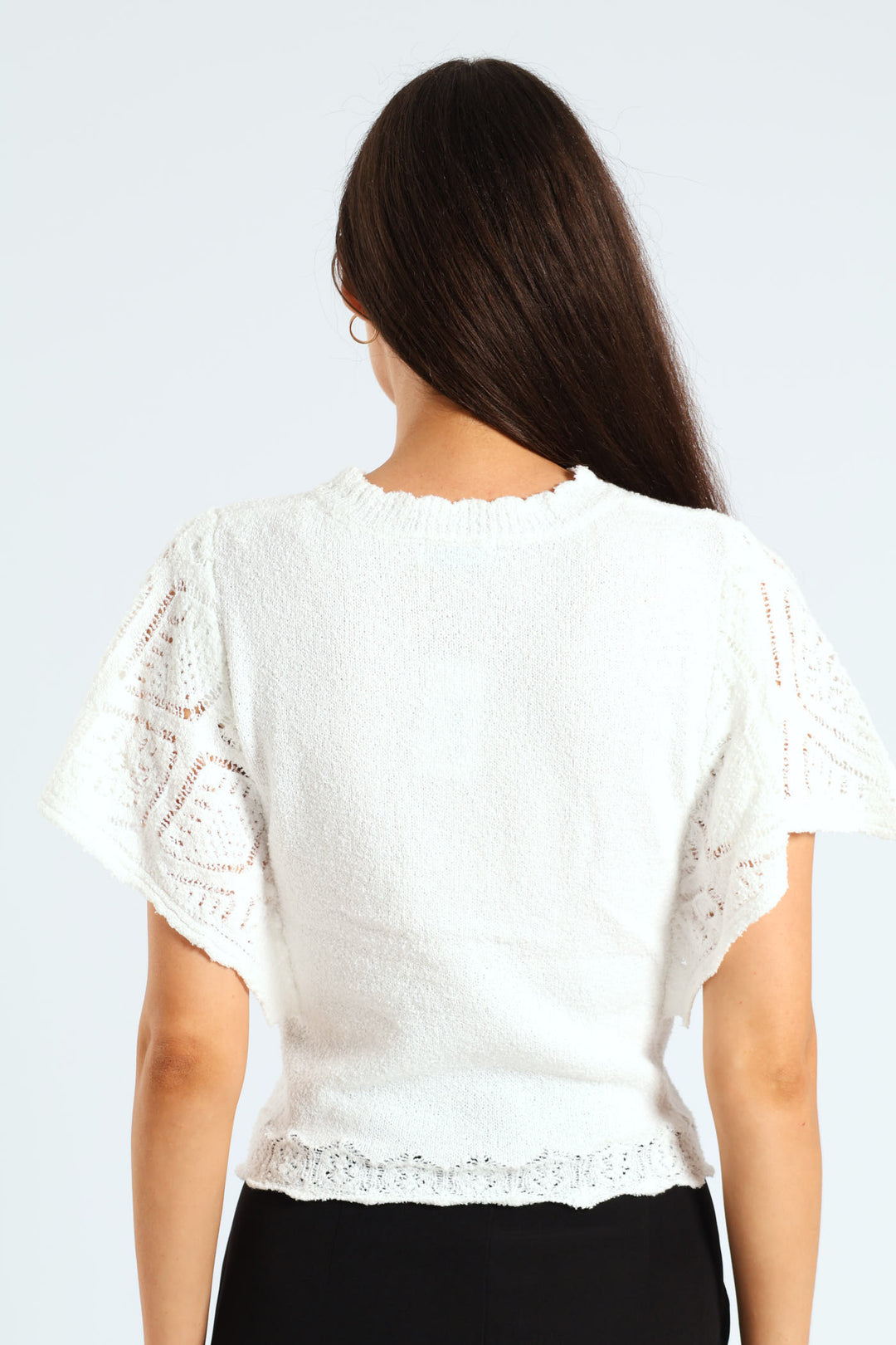 Frilly Batwing Sleeve Crochet Pullover - Bright White