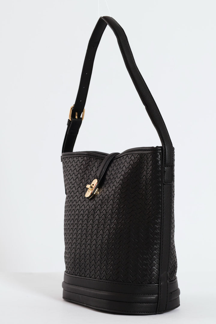 Weave Gold Clasp Bucket Bag - Black