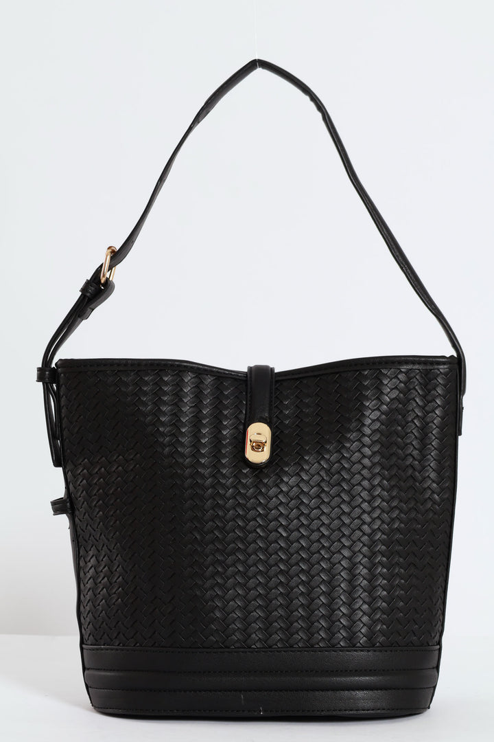 Weave Gold Clasp Bucket Bag - Black