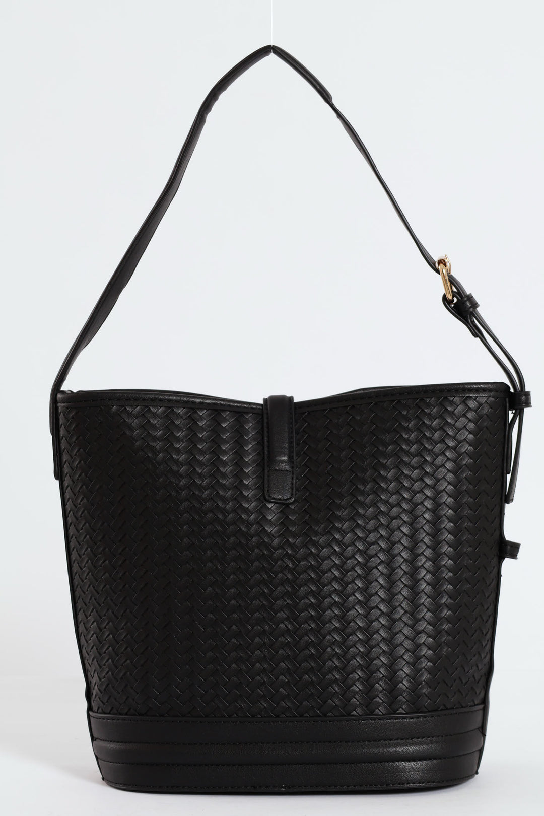 Weave Gold Clasp Bucket Bag - Black