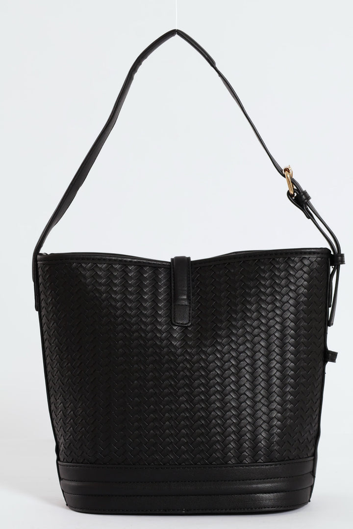 Weave Gold Clasp Bucket Bag - Black