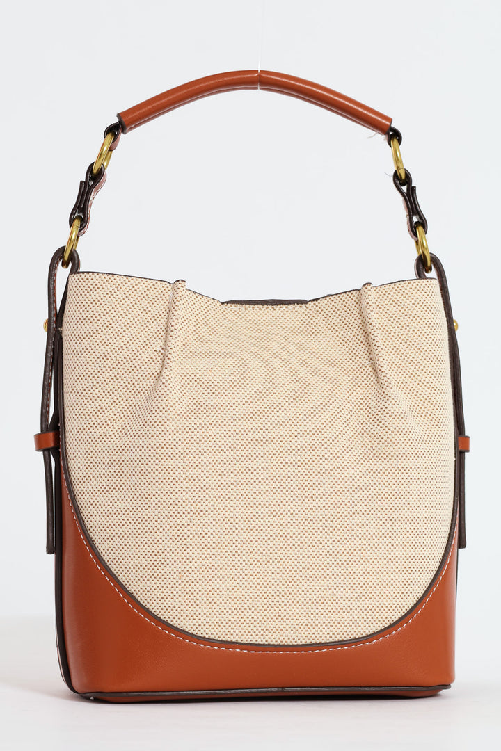 Canvas Colourblock Top Handle Bucket Bag - Tan