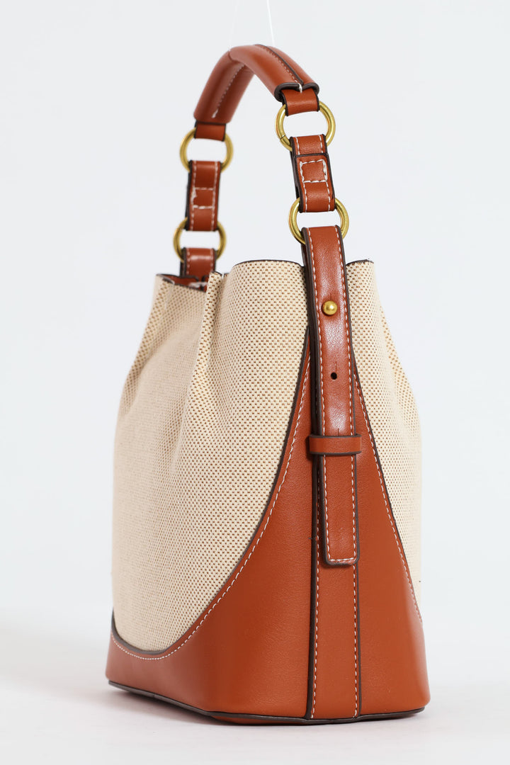 Canvas Colourblock Top Handle Bucket Bag - Tan