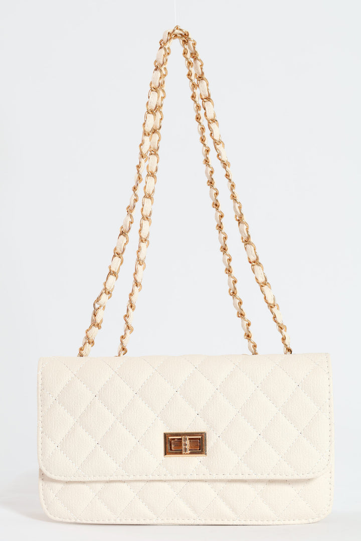 Quilted Chain Satchel Bag - Cream