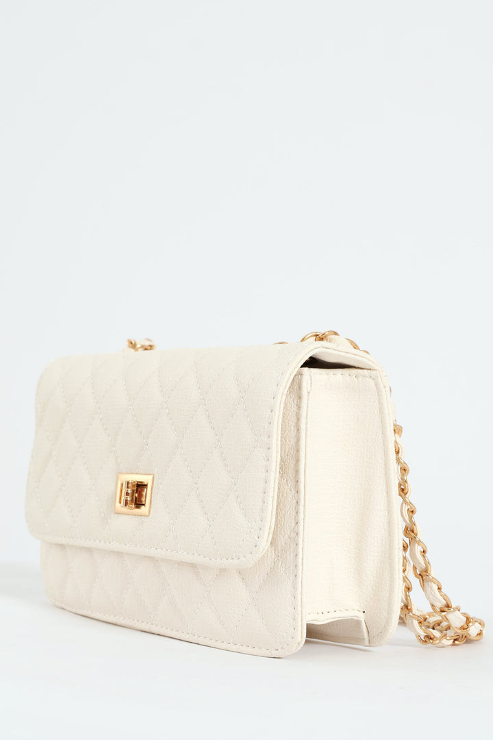 Quilted Chain Satchel Bag - Cream