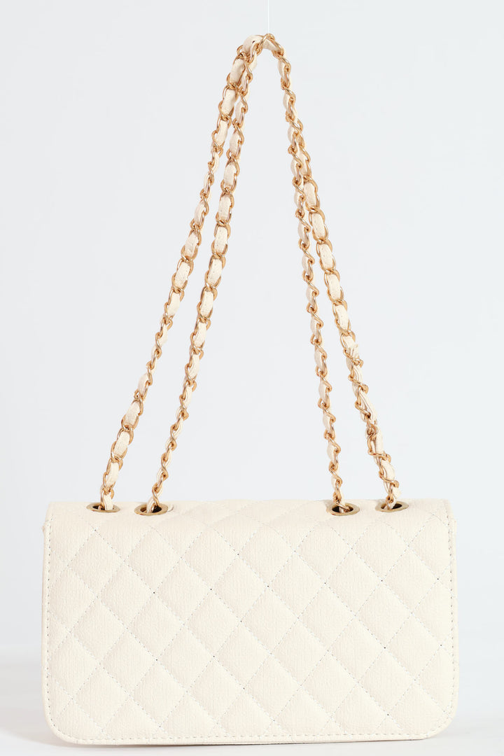 Quilted Chain Satchel Bag - Cream