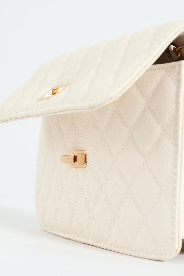 Quilted Chain Satchel Bag - Cream