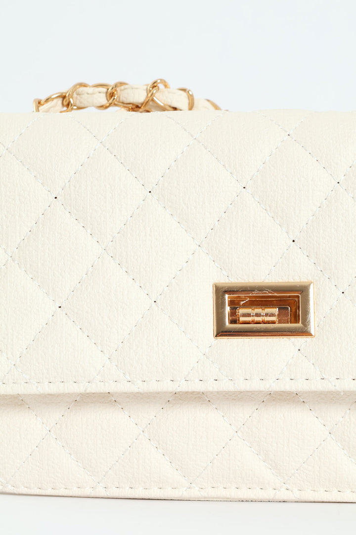 Quilted Chain Satchel Bag - Cream