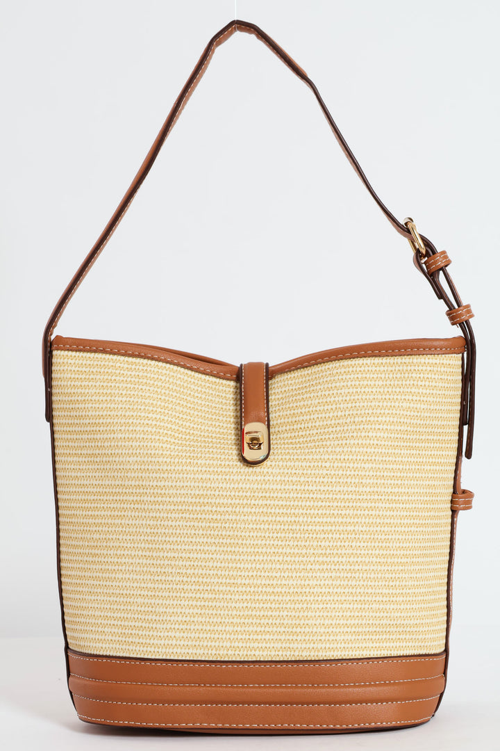 Weave Gold Clasp Bucket Bag - Tan