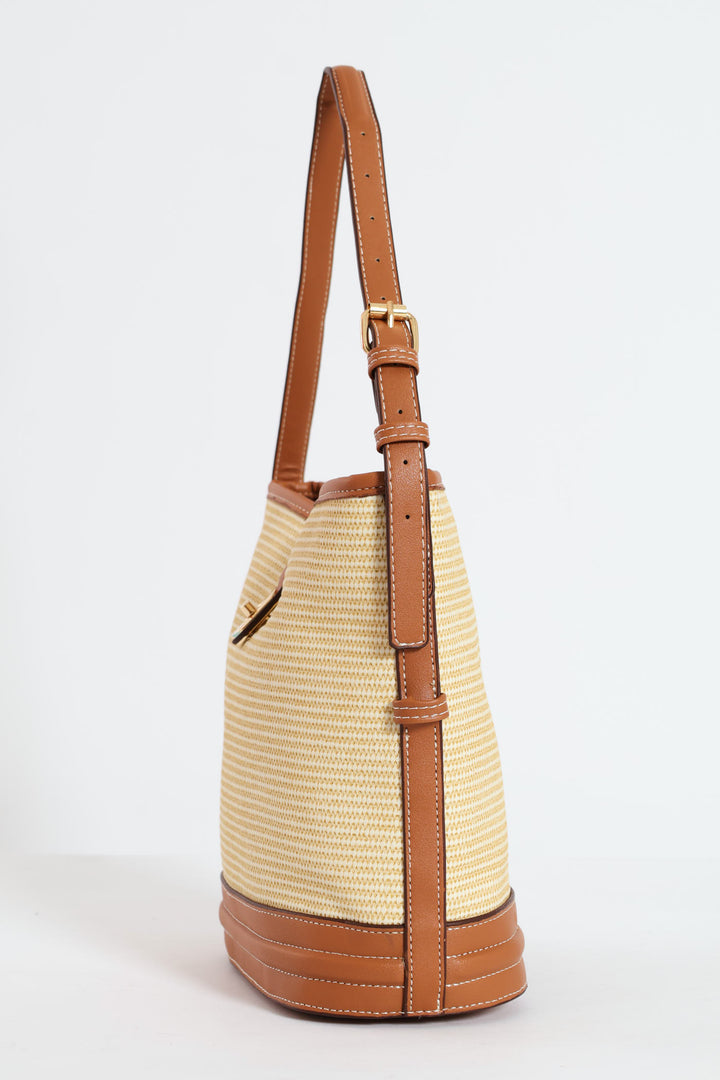 Weave Gold Clasp Bucket Bag - Tan