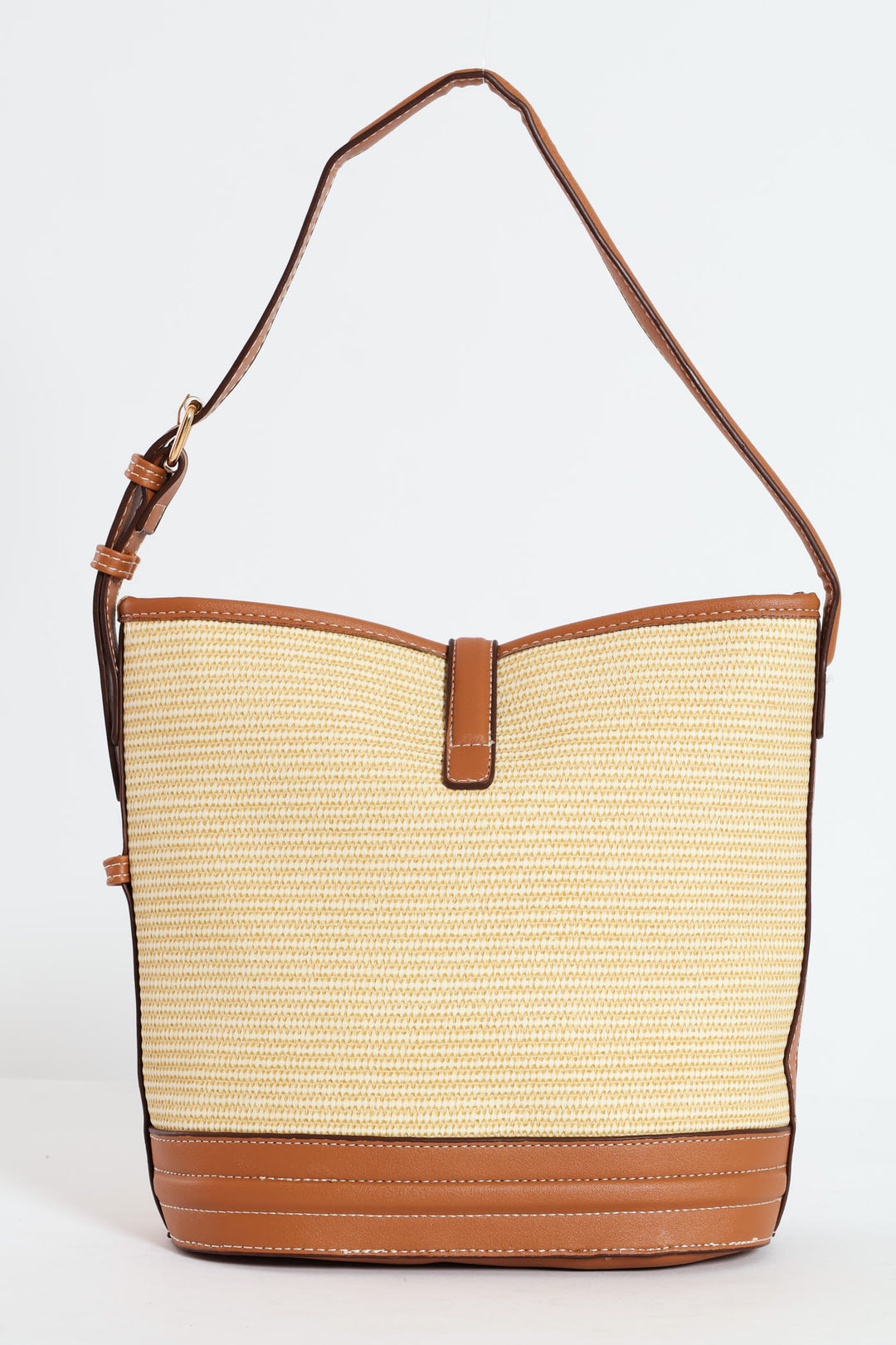 Weave Gold Clasp Bucket Bag - Tan