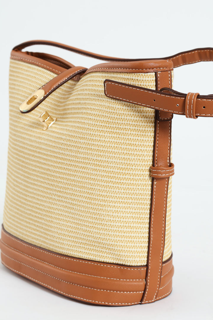 Weave Gold Clasp Bucket Bag - Tan