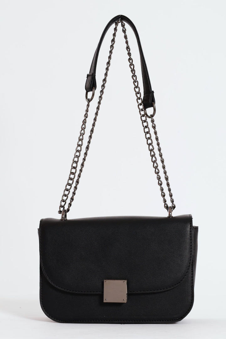 Gunmetal Front Clasp Satchel Bag - Black