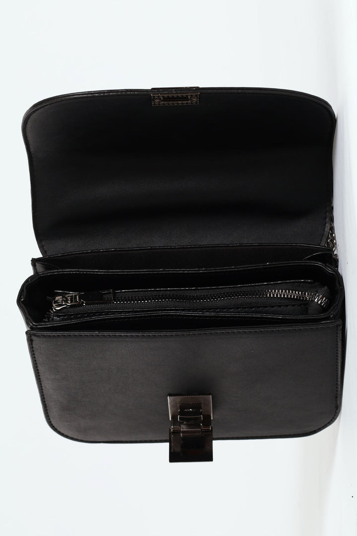 Gunmetal Front Clasp Satchel Bag - Black