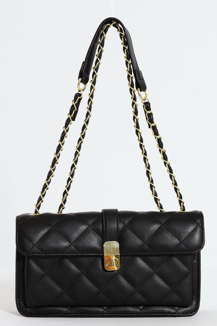 Quilted Chain Satchel - Black