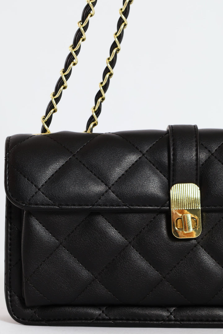 Quilted Chain Satchel - Black