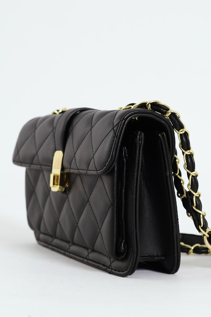 Quilted Chain Satchel - Black