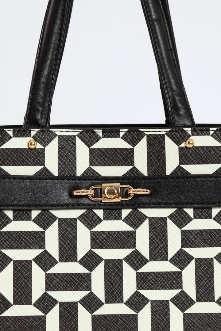 Geo Print Square Tote Bag - Black/White