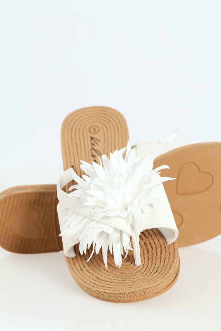 Ladies Moulded Thick Strap Mule With Flower - White