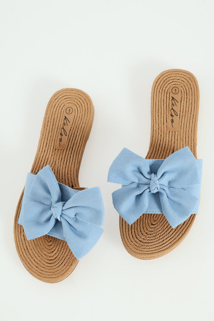 Ladies Soft Fabric Bow Mule Sandal - Denim