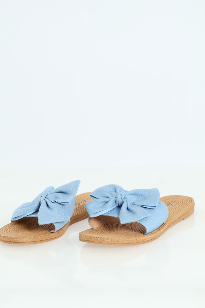 Ladies Soft Fabric Bow Mule Sandal - Denim