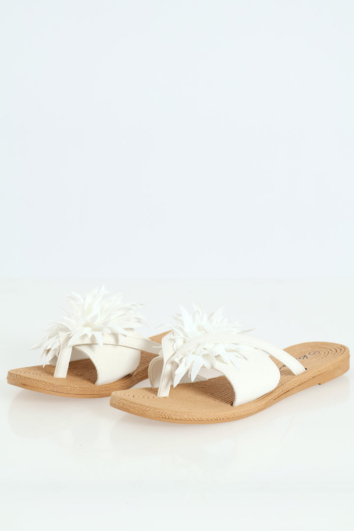 Ladies Moulded Thick Strap Mule With Flower - White