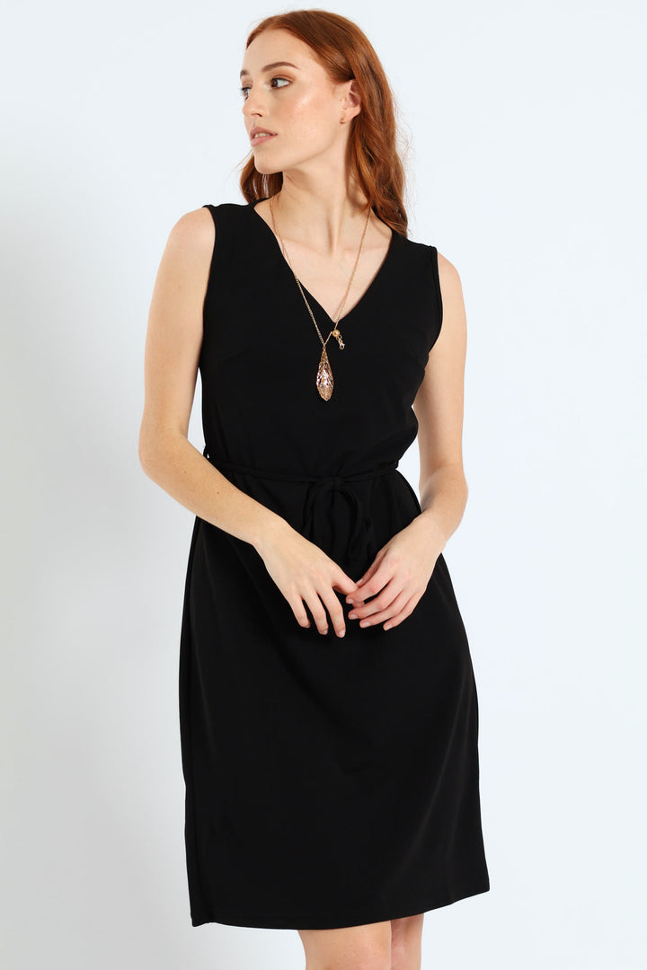 V-Neck Belted Flared Dress - Black