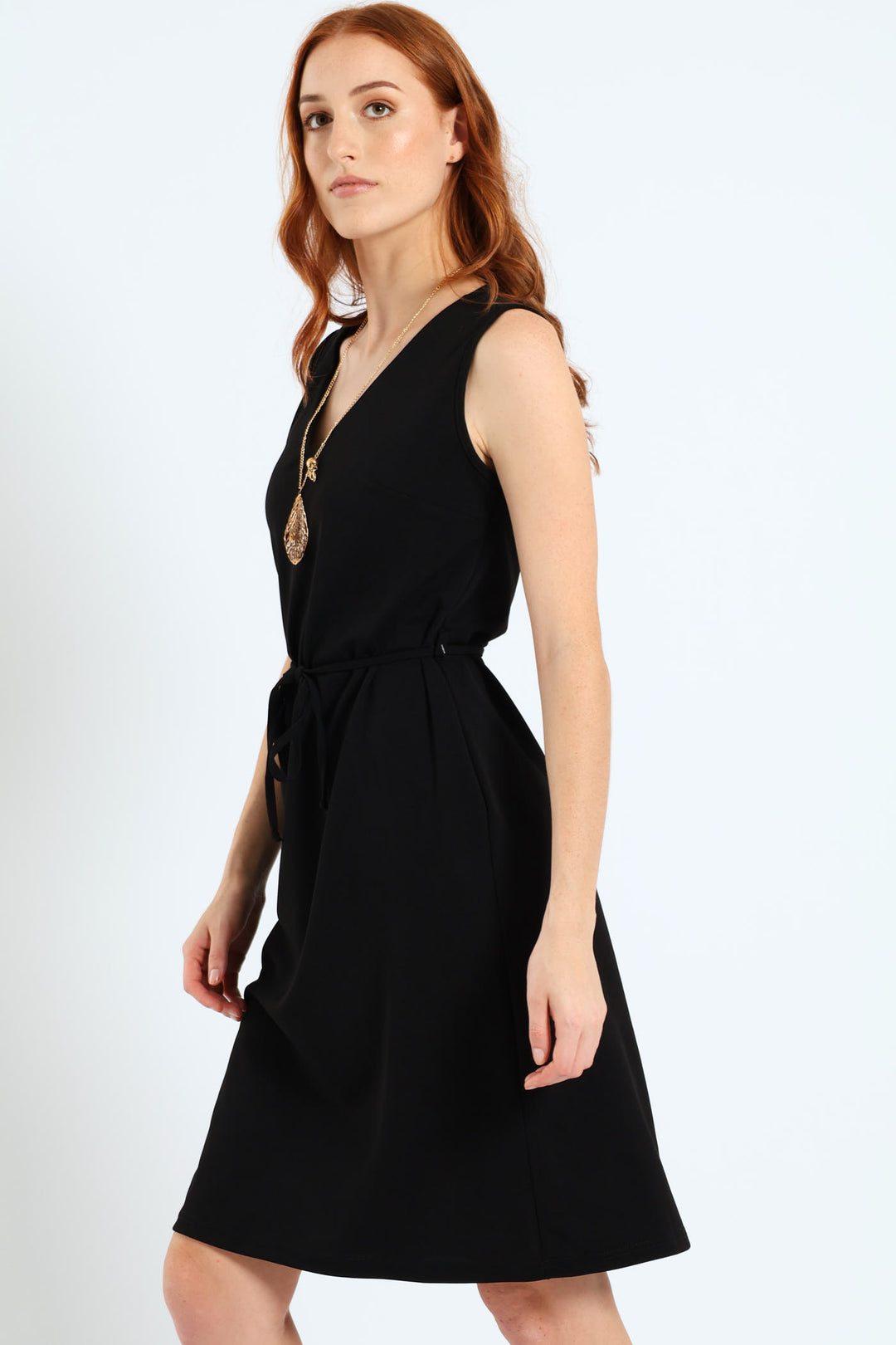 V-Neck Belted Flared Dress - Black