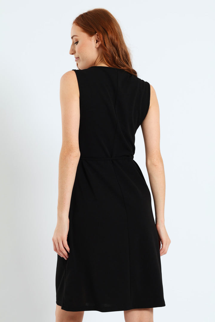 V-Neck Belted Flared Dress - Black