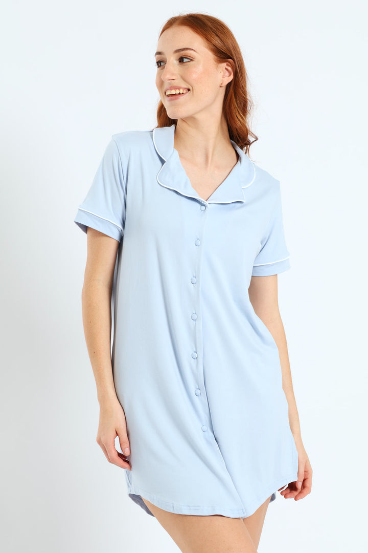 Button Through Soft Touch Sleepshirt - Blue