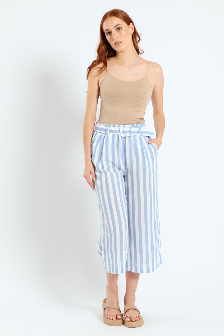 Culotte Self Tie Paperbag Wideleg Pants - White/Blue