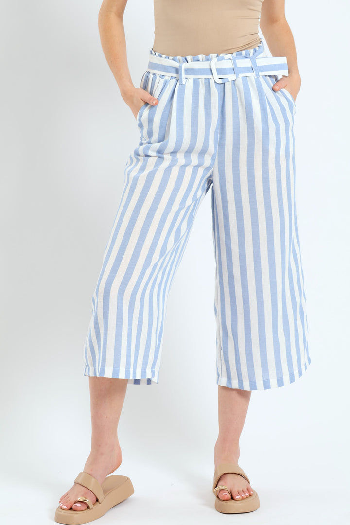 Culotte Self Tie Paperbag Wideleg Pants - White/Blue