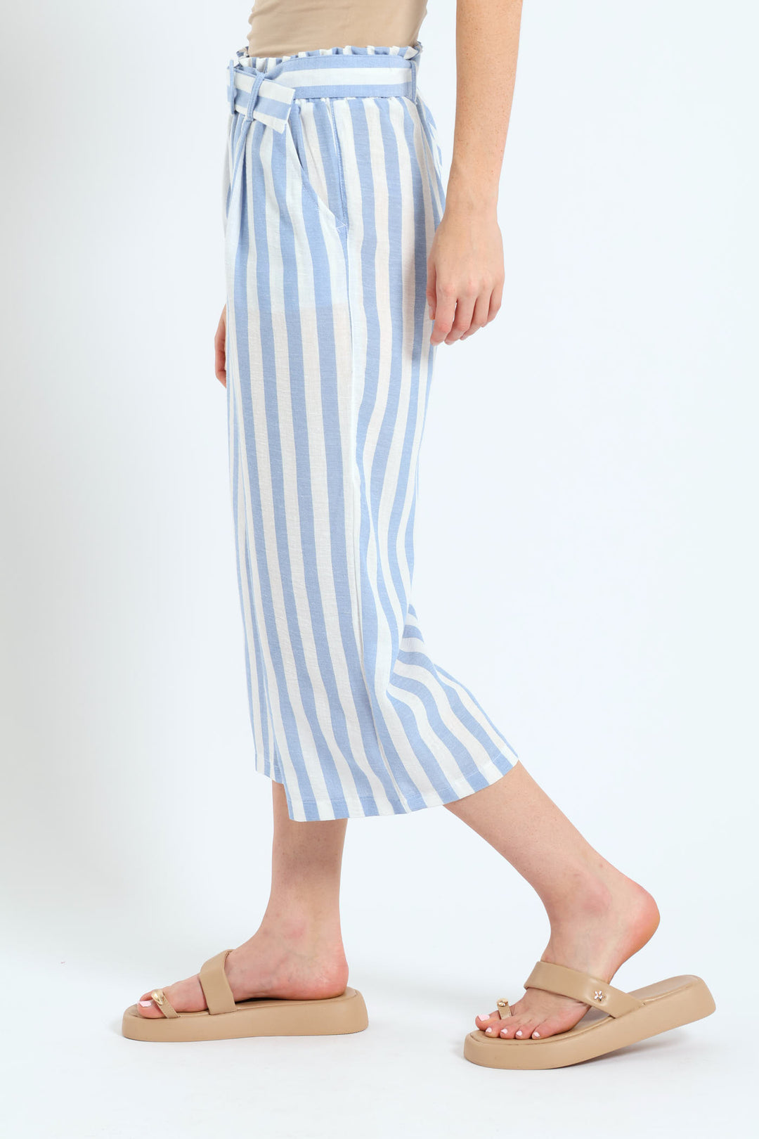 Culotte Self Tie Paperbag Wideleg Pants - White/Blue