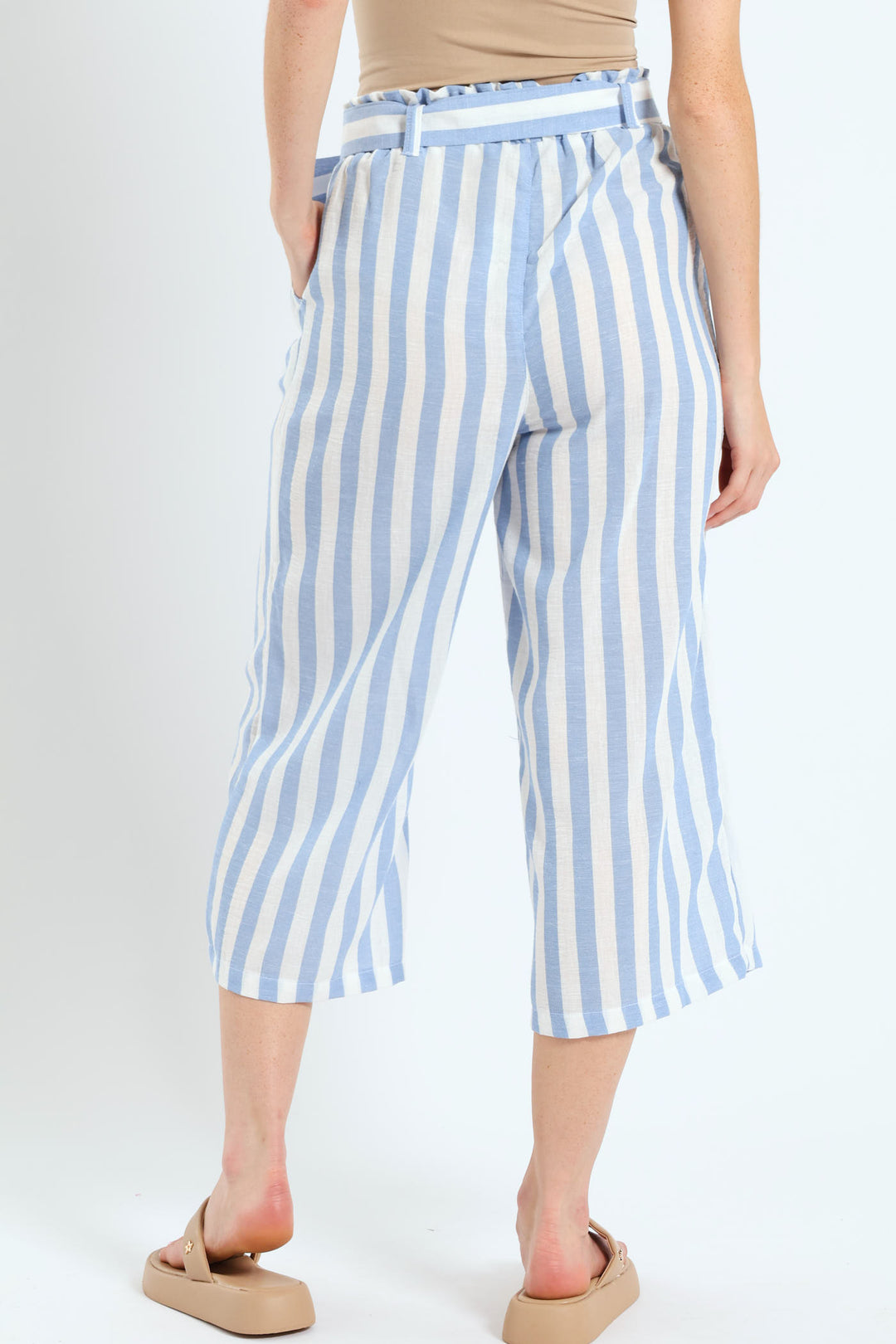 Culotte Self Tie Paperbag Wideleg Pants - White/Blue