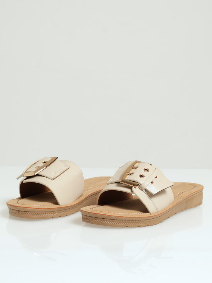 Single Banded Mule Sandal With Big Buckle Detail - Natural