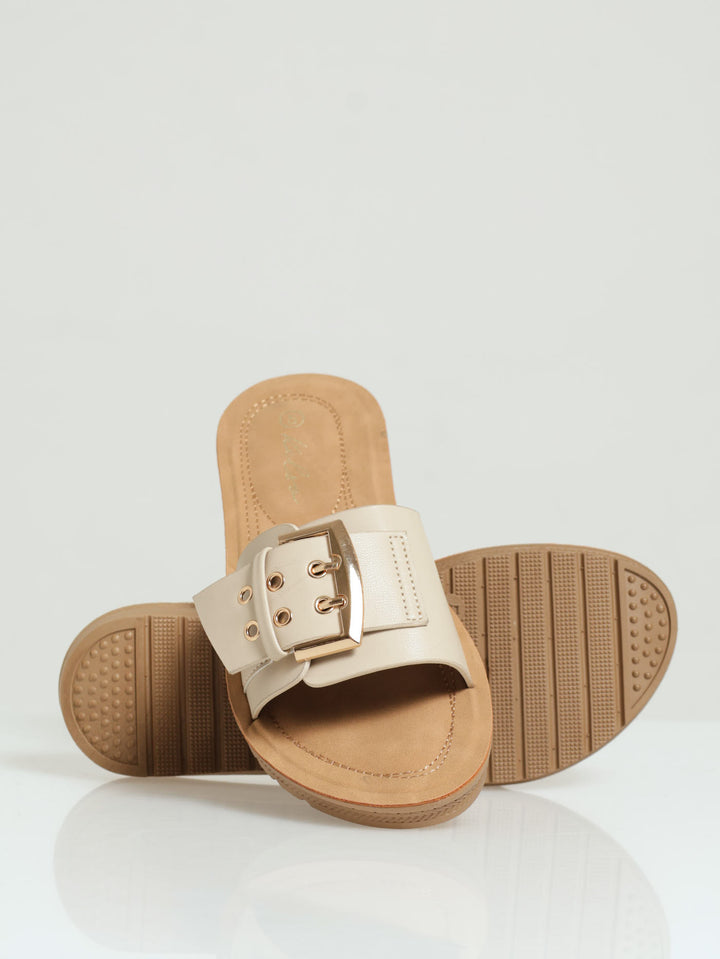 Single Banded Mule Sandal With Big Buckle Detail - Natural