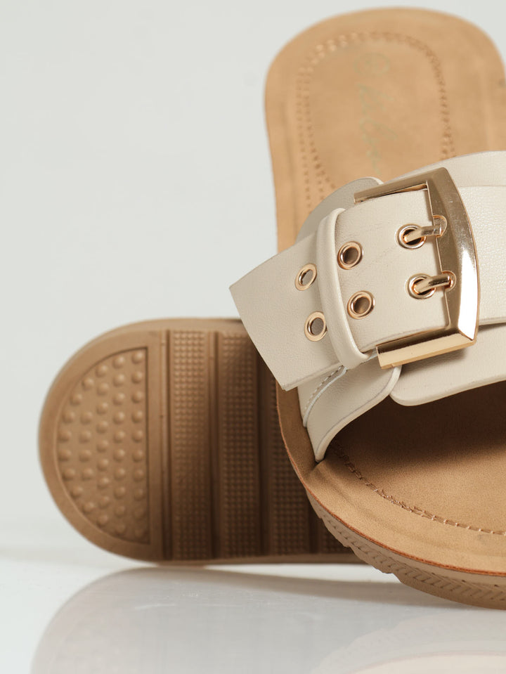 Single Banded Mule Sandal With Big Buckle Detail - Natural