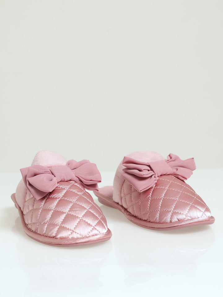 Quilted Big Bow & Fur Topline Slipper - Blush