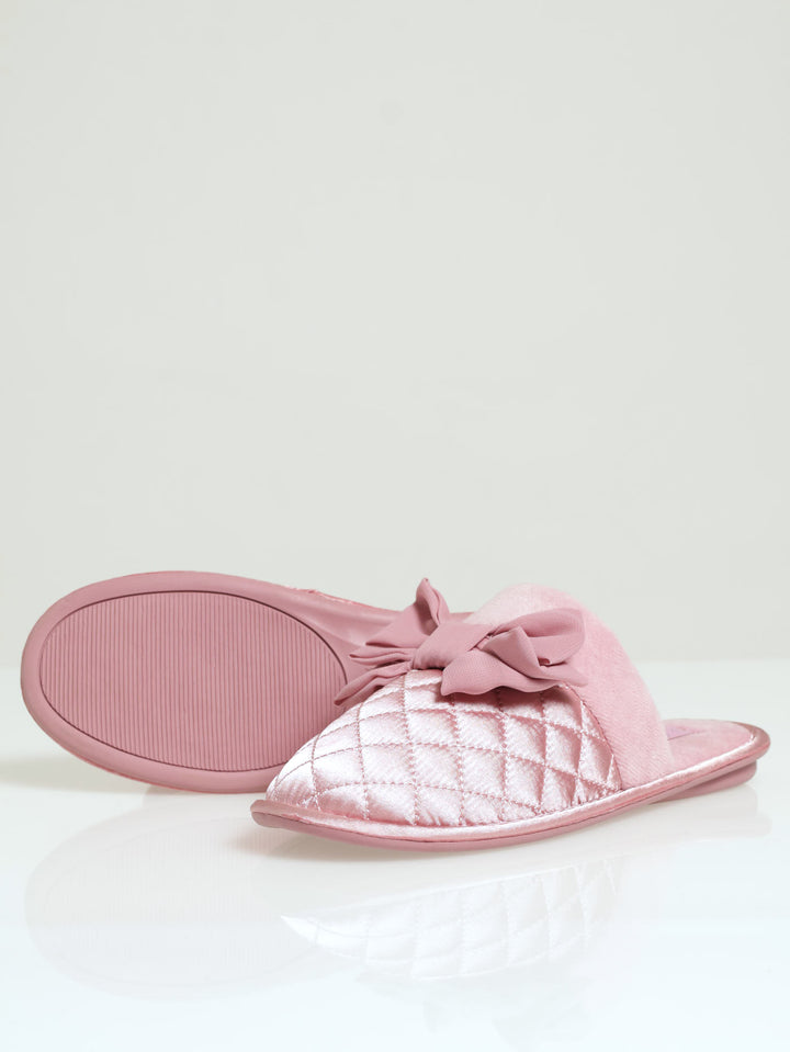 Quilted Big Bow & Fur Topline Slipper - Blush