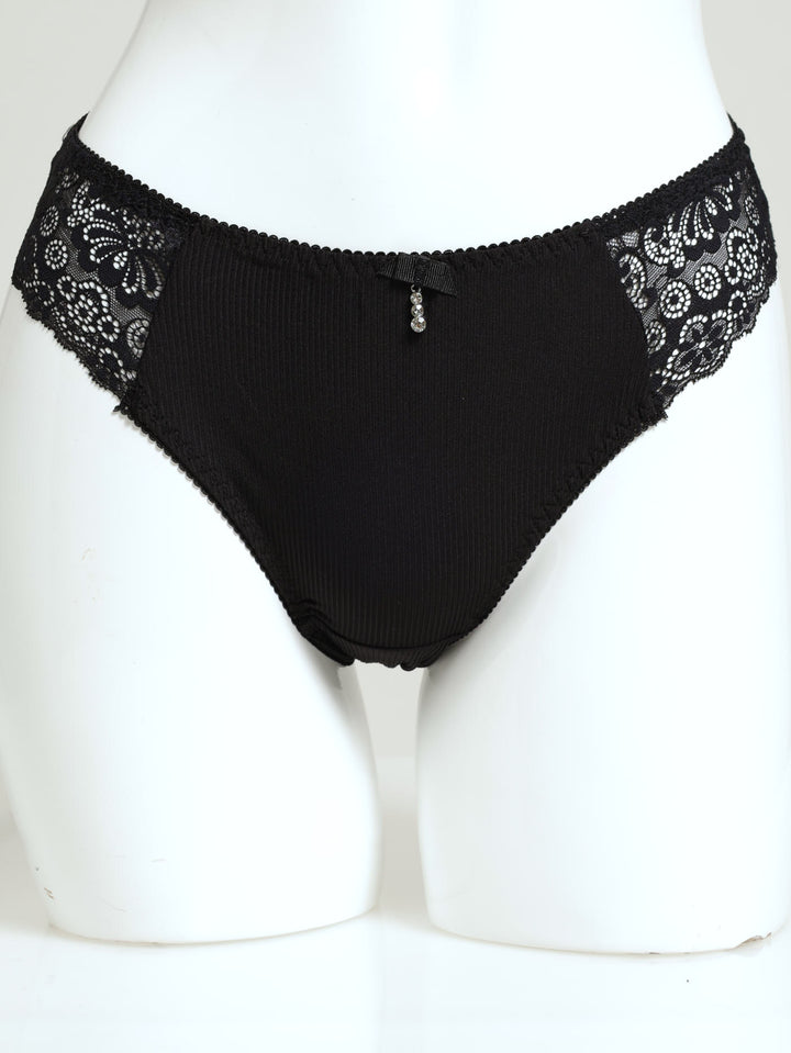 Rib Lace Bikini Panty - Black